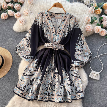 A line Long Sleeves Long Sleeves Black Floral Holiday Dresses Autumn Beach Dress SD1267